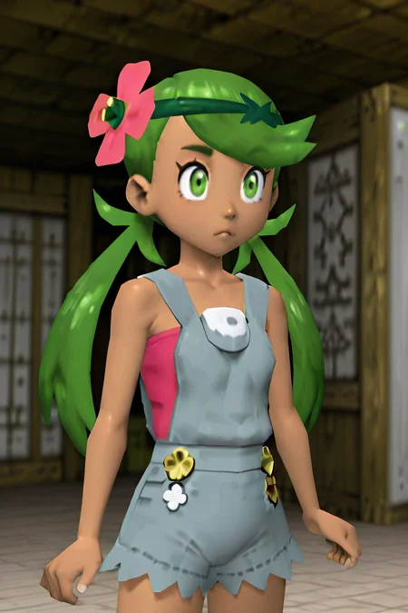 BREAK, zzMallow, green hair, green eyes, hair flower, hair ornament, grey overalls, pink shirt, sleeveless, grey shorts, <lora:MallowPokemonIXL_e09:1.0>, ,<lora:N64ZeldaStyleIXL:1.0>,