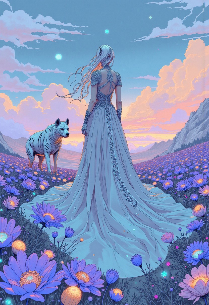 A hyper-realistic, high-resolution 8K masterpiece, this digital artwork portrays an adult woman with flowing, ethereal white hair that shimmers with iridescent highlights, partially pinned back with intricate, silver filigree hairpins shaped like delicate leaves. She wears a luxurious silver satin gown, expertly embroidered with pale blue and pearl-like accents, which trails behind her for 10 meters in fluid, rippling waves, reflecting the soft glow of a surreal landscape. Beside her stands a majestic, exaggeratedly large white hyena with precise black stripes and natural markings, its sharp eyes commanding attention, exuding an aura of regal power. The fantastical background features an expansive meadow filled with oversized, luminescent flowers in vibrant shades of violet and teal, each glowing petal emitting an enchanting light. The sky above transitions from soft pink to deep blue, interwoven with shimmering threads of light and scattered glowing clouds, creating a dreamlike atmosphere. Captured in a wide, low-angle shot, the scene showcases unparalleled detail—her gown sweeping elegantly across the sparkling meadow, the powerful hyena beside her, and the intricate, fantastical landscape glowing with brilliance and wonder. The overall composition radiates an ethereal, otherworldly beauty, filled with mystique and awe.