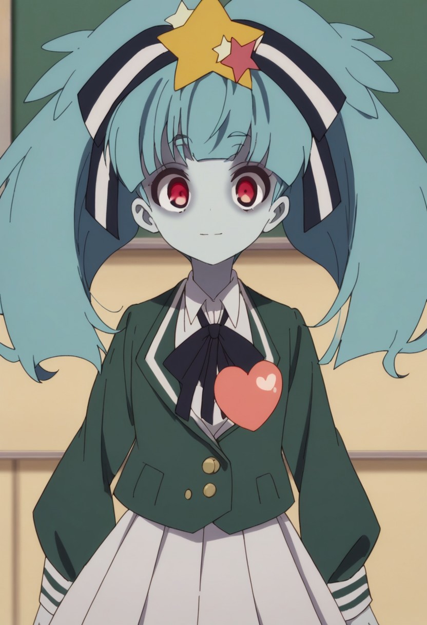 score_9, score_8_up, score_7_up, source_anime, highly detailed, 
lilyhoshikawa, 1girl, zombie costume, red eyes, solo, hair ornament, twintails, star hair ornament, skirt, blue skin, star (symbol), school uniform, colored skin,
aqua hair, heart, upper body, long hair, jacket, ribbon, pleated skirt, hair ribbon,