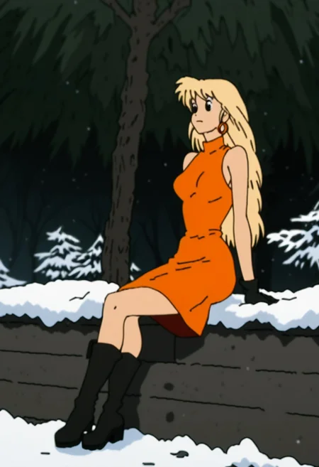 score_9, score_8_up, score_7_up, score_6
woman, tiffany, kangoo,detailed eyes, detailed face, (retro artstyle, 1990s \(style\), flat color, toon \(style\)),1girl, female, dress, solo, female,black eyes, breasts, outdoors, red dress, snow, tree, signature, medium breasts, sleeveless dress, boots, black footwear, sleeveless, orange dress, closed mouth, bare shoulders, full body, body, alternate hair length, long hair, alternate hairstyle, arm support, gloves, sitting,blonde hair