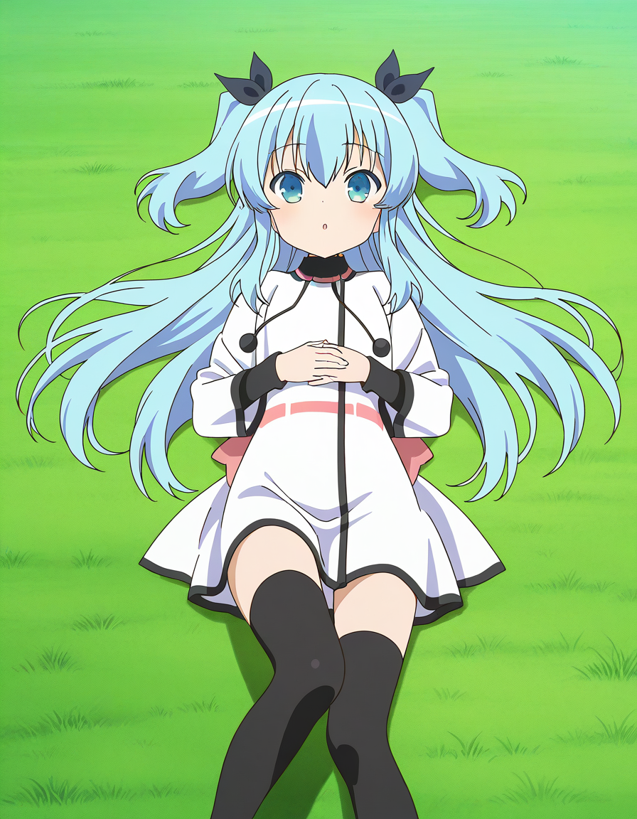 general,highres, ultra-detailed,very aesthetic,best quality ,best hands,  BREAK,  <lora:Noel_IS:1>  Noel, 1girl,solo, long hair, blue hair, two side up, blue eyes, hair ribbon, black ribbon,bangs, 2020s (style), anime coloring,
 thighhighs, dress, white dress, black thighhighs, lying, on back, long sleeves, looking at viewer, 
very long hair, own hands together, hair between eyes, black ribbon, parted lips, :o,
sky, grass,
