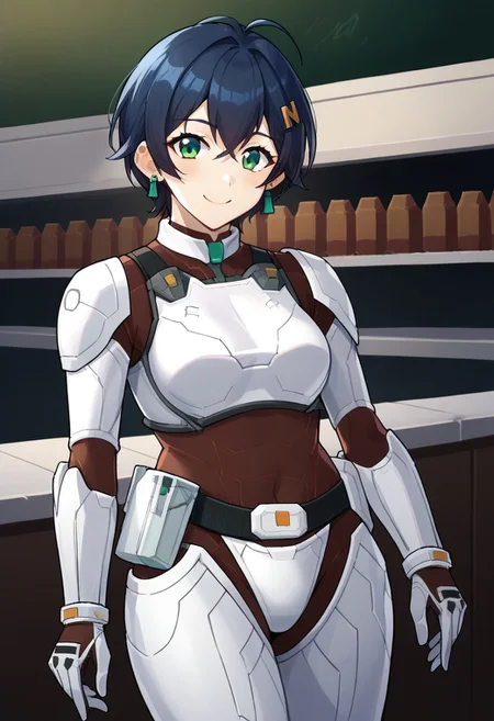 score_9, score_8_up, score_7_up, <lora:offset_0.2:0.1>, <lora:spo_sdxl_10ep_4k-data_lora_webui:1>, BREAK,
1girl, solo, source_anime, BREAK,
terraformarsmoviebodysuit, armored bodysuit, black bodysuit, white armor, boobplate, shoulder pads, wrist guards, black gloves, white gloves, utility belt, belt pouch, hip armor, crotch plate, thigh armor, <lora:Terraformars:1>, BREAK,
belle, green eyes, blue hair, short hair, hair ornament, earring, BREAK,
smile, blush, looking at viewer,
peace sign, BREAK,
cowboy shot, indoors, cafe, science fiction,