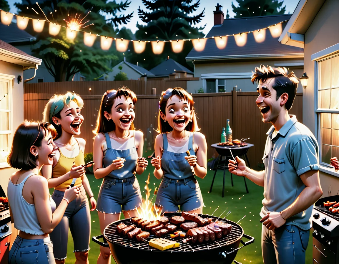 A group of friends having a BBQ in a backyard, laughter and conversation filling the air, warm summer evening with fairy lights, cinematic composition. 1990s style. <lora:Everly Heights TaleSpinner:1>