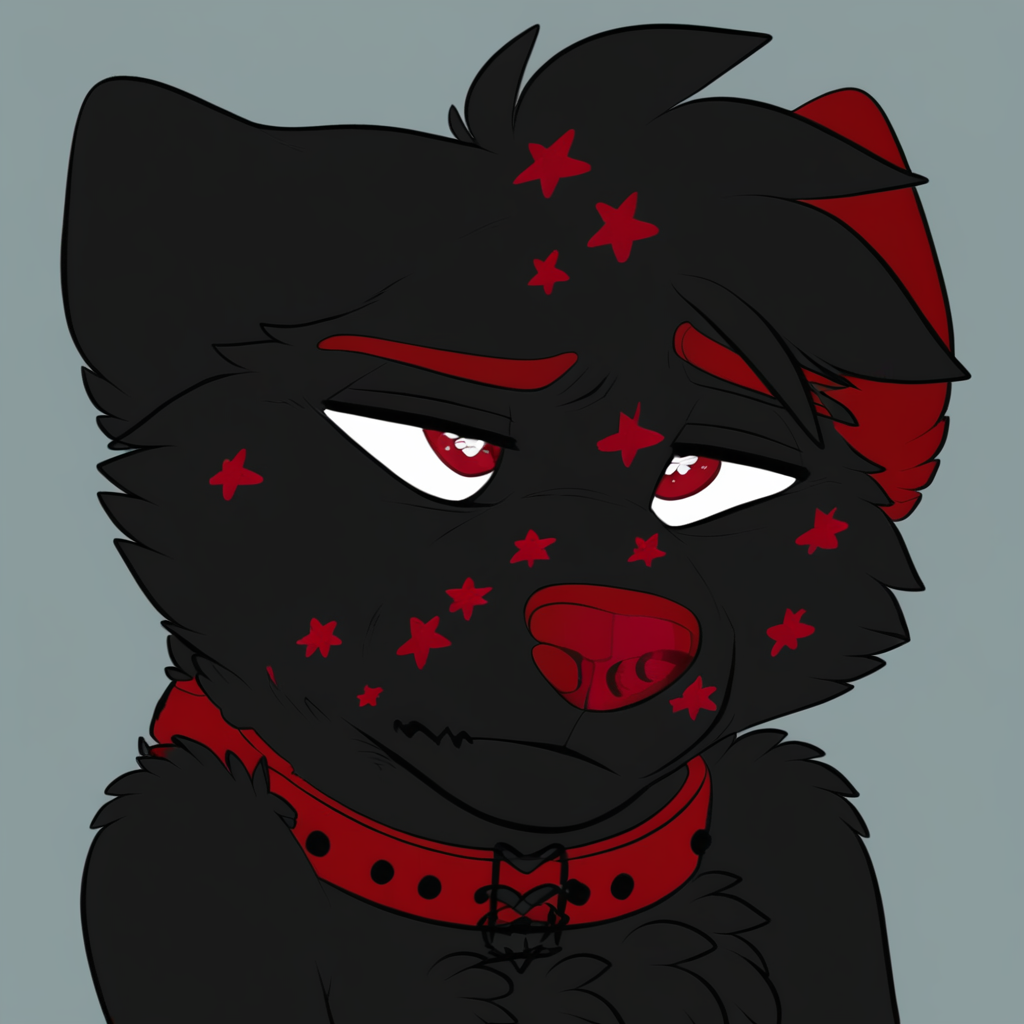 anthropomorphic dog, black Labrador, black fur, dark red markings, stars on face, red nose, red inner ears, red eyebrows, red underfur, expressive eyes, cute, wearing red collar with black stars, black hair, semi-realistic, medium detail, sad expression, playful expression, nerdy style, red star pattern on muzzle, male