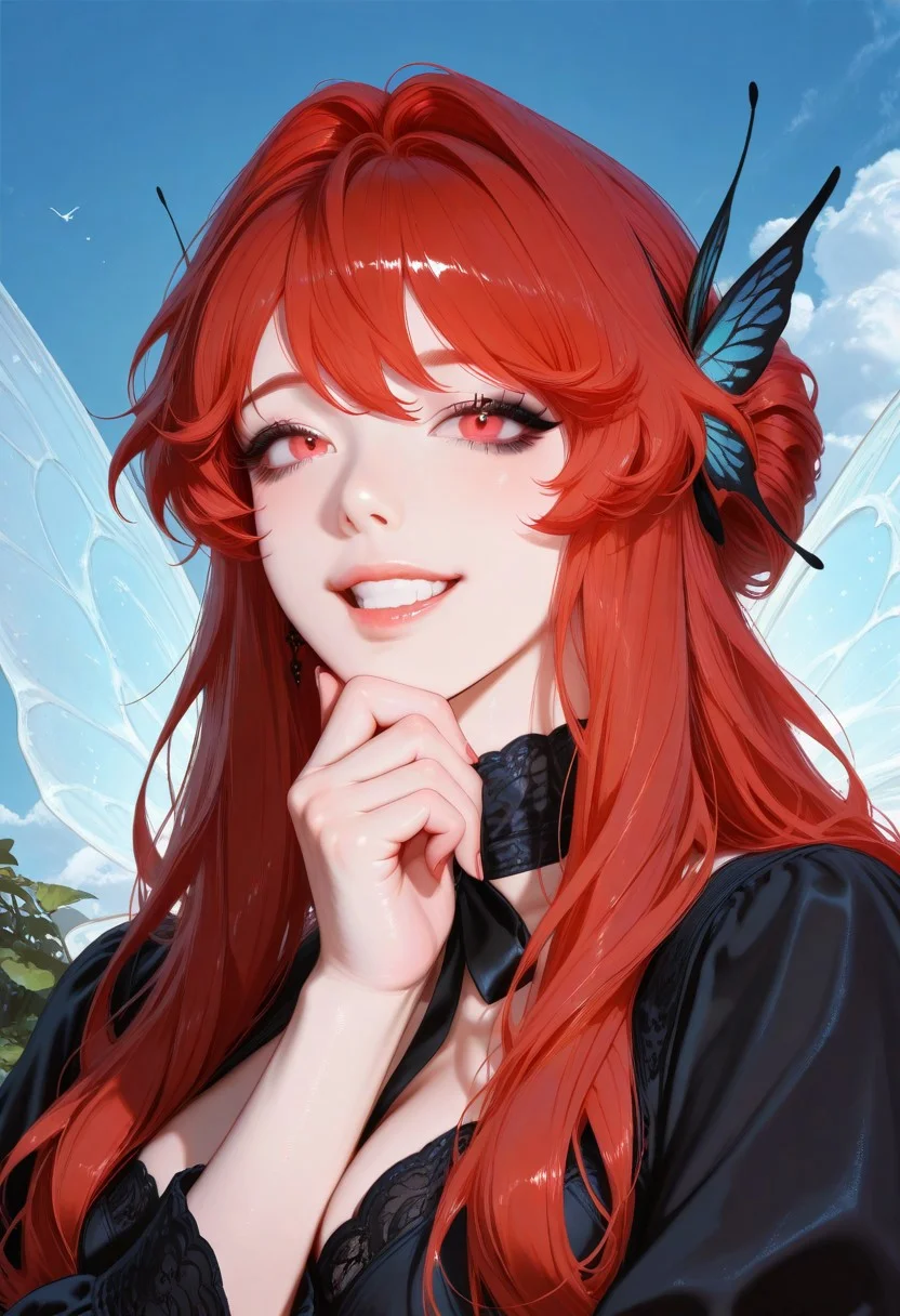 solo, dark red hair, bright red eyes, very long hair, (voluminous hair:1.4), laugh, smile, funny face, hand on chin, black dress, cleavage, fairy, wings, korean woman, garden background, (photorealistic:1.3), manhwa, source_anime, eyelines, black makeup, elegant hairstyle, (korean:1.4), sexy, cool pose, teasing, standing, booru, (source_manhwa:2.0), (surreal:1.4), upper body portrait, day, blue sky, clouds, painterly, best quality, amazing quality, intricate detail, highly detailed, newest, highres, 8K, HDR, best quality, absurdres, high quality, dynamic composition, best quality, vibrant colors, holographic colors, gradient colors, foreshortening, glamour shot