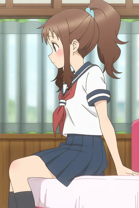 masterpiece,best quality,good quality,rating safe,, outdoor, <lora:takagawa_sumire-ill_narcissu:1>,sumire, takagawa_sumire, karakai jouzu no takagi-san, 1girl, solo, brown hair, ponytail, black eyes, long hair, blue scrunchie, bangs, serafuku, red neckerchief, blue sailor collar, short sleeves, white shirt,blue skirt,black socks,anime screencap,blush,sitting on the bed,looking to the side,bedroom,from side,closed mouth,ashamed