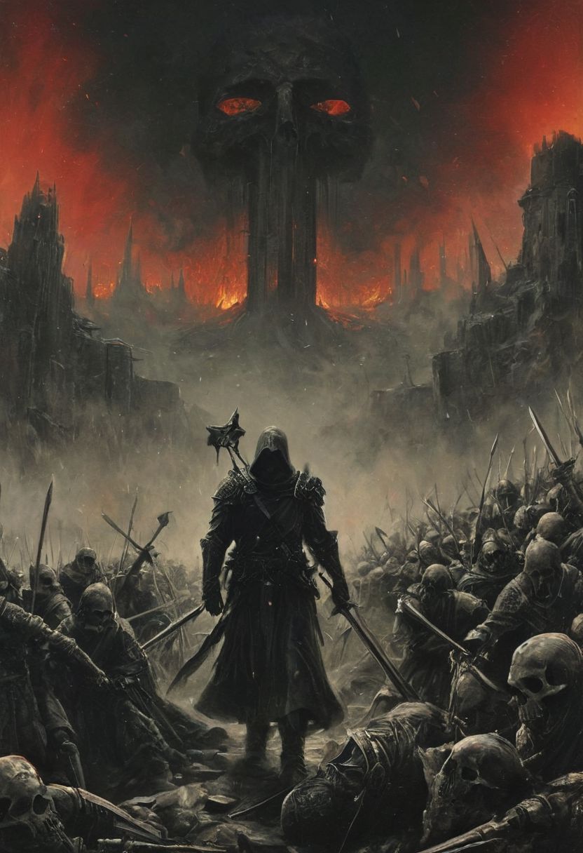 ((Sauron in battle))Completely Helm's fall absolutely nothing, pure black, detailed, but the Lord of the Rings of life are rising, FastNegativeV2,(Gandalf in white in the middle of the battlefield) ral-dissolve,(James Ensor,Unica Zurn,Zdzislaw Beksinki:1.25), Skeletons,Weeping statues, Paranormal,Apparition, (Metallics:1.1), (Shape:1.1), (Monotyping:1.1), (Strobe light:1.2), Stone, Rhombus, ultra detailed, intricate, oil on canvas, dry brush, (surrealism:1.1), (disturbing:1.1) <lora:khorne:0.7> <lora:methurlant:0.5>
The king's guards fell like wheat before the scythe, their cries of alarm silenced by the swift and merciless blades of the assassin knights. In the heart of the fortress, they confronted the tyrant king himself, a figure wreathed in shadows and crowned with a crown of thorns.
(A fierce battle ensued, the clash of steel and the crackle of dark magic filling the air with a palpable sense of impending doom).
creating a hyperpunk scene with desaturated translucent DARK Red and beige details, colorful (polaroid:0.7) with vibrant colors, (vacations, high resolution:1.3), (small, selective focus, european film:1.2), (sexual advance:1.1), ,end of hopes ,silence, extremely detailed,dark,sad, easynegative, digital artwork by Beksinski, extremely detailed, dark, chiaroscuro, low-key,in the style of Kelly Slater ,style by Kelly Slater,closeup,digital artwork by Beksinski, style of Kelly Slate