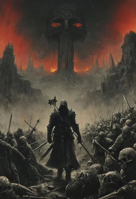 ((Sauron in battle))Completely Helm's fall absolutely nothing, pure black, detailed, but the Lord of the Rings of life are rising, FastNegativeV2,(Gandalf in white in the middle of the battlefield) ral-dissolve,(James Ensor,Unica Zurn,Zdzislaw Beksinki:1.25), Skeletons,Weeping statues, Paranormal,Apparition, (Metallics:1.1), (Shape:1.1), (Monotyping:1.1), (Strobe light:1.2), Stone, Rhombus, ultra detailed, intricate, oil on canvas, dry brush, (surrealism:1.1), (disturbing:1.1) <lora:khorne:0.7> <lora:methurlant:0.5>
The king's guards fell like wheat before the scythe, their cries of alarm silenced by the swift and merciless blades of the assassin knights. In the heart of the fortress, they confronted the tyrant king himself, a figure wreathed in shadows and crowned with a crown of thorns.
(A fierce battle ensued, the clash of steel and the crackle of dark magic filling the air with a palpable sense of impending doom).
creating a hyperpunk scene with desaturated translucent DARK Red and beige details, colorful (polaroid:0.7) with vibrant colors, (vacations, high resolution:1.3), (small, selective focus, european film:1.2), (sexual advance:1.1), ,end of hopes ,silence, extremely detailed,dark,sad, easynegative, digital artwork by Beksinski, extremely detailed, dark, chiaroscuro, low-key,in the style of Kelly Slater ,style by Kelly Slater,closeup,digital artwork by Beksinski, style of Kelly Slate