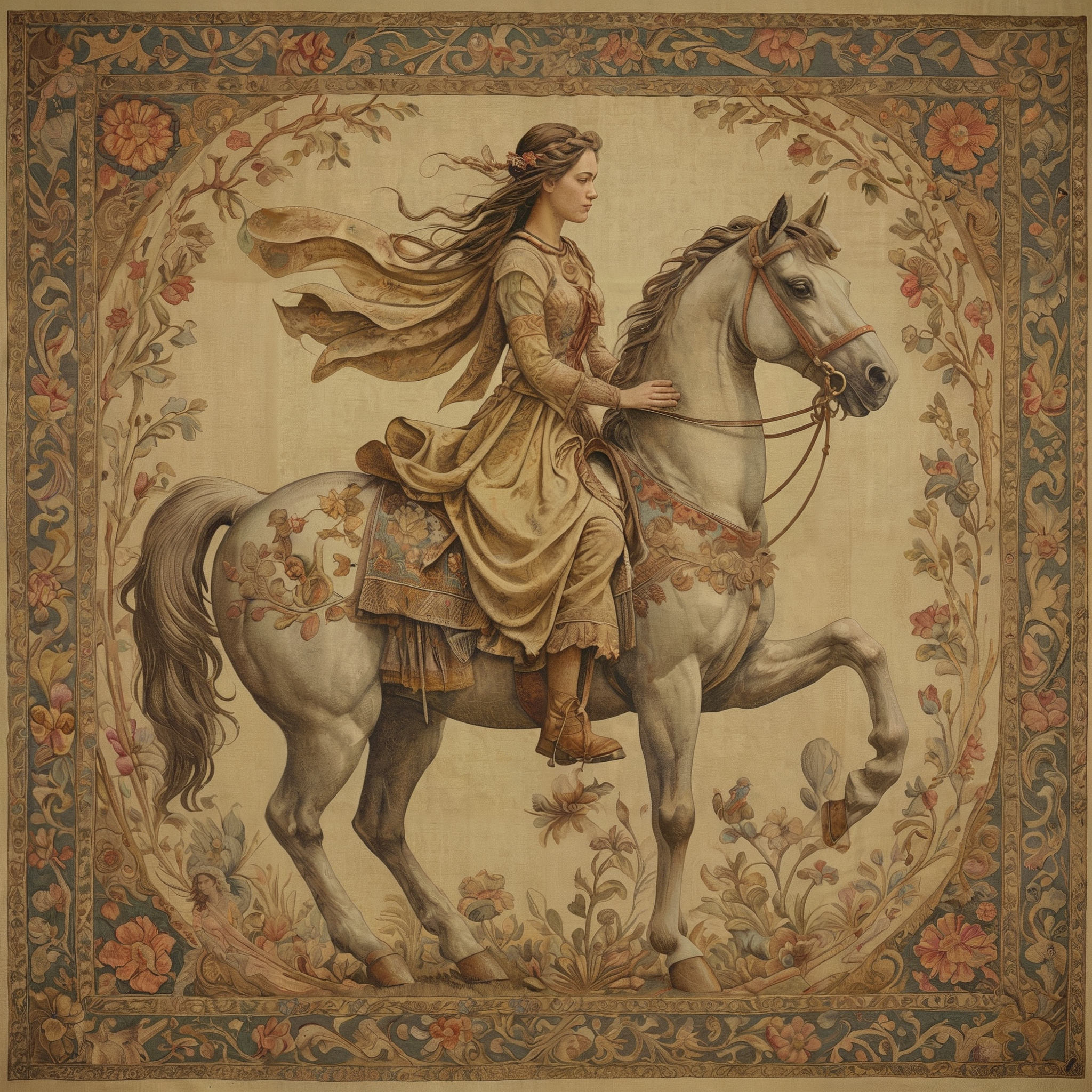 award winning photo, 

An ancient tapestry depicting a maiden on horseback in 3d, muted pastel colors, beautiful and detailed,
