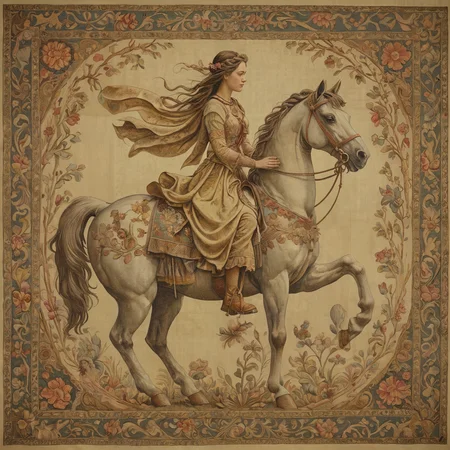 award winning photo, 

An ancient tapestry depicting a maiden on horseback in 3d, muted pastel colors, beautiful and detailed,
