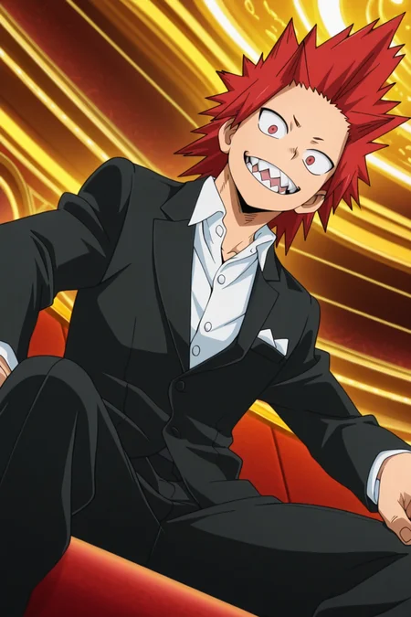 <lora:KiriIllustrious:0.8>, 1boy, solo, Kirishima Eijirou, Red hair, Spiked hair, Red eyes, black suit, sitting, from below, casino, looking at viewer, sharp teeth,official art, official style, anime screencap, masterpiece,best quality,amazing quality,