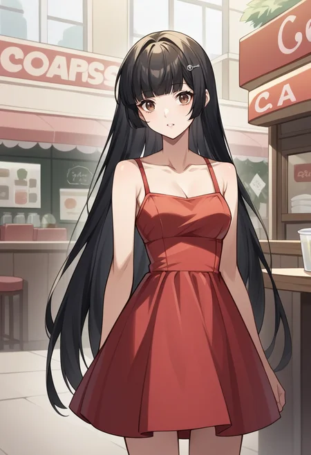 score_9, score_8_up, score_7_up, source_anime BREAK 1girl, solo, <lora:zs_RikoXL:1> rikop5x, black hair, very long hair, blunt bangs, hairclip, brown eyes, fancy red dress, cafe, cowboy shot
