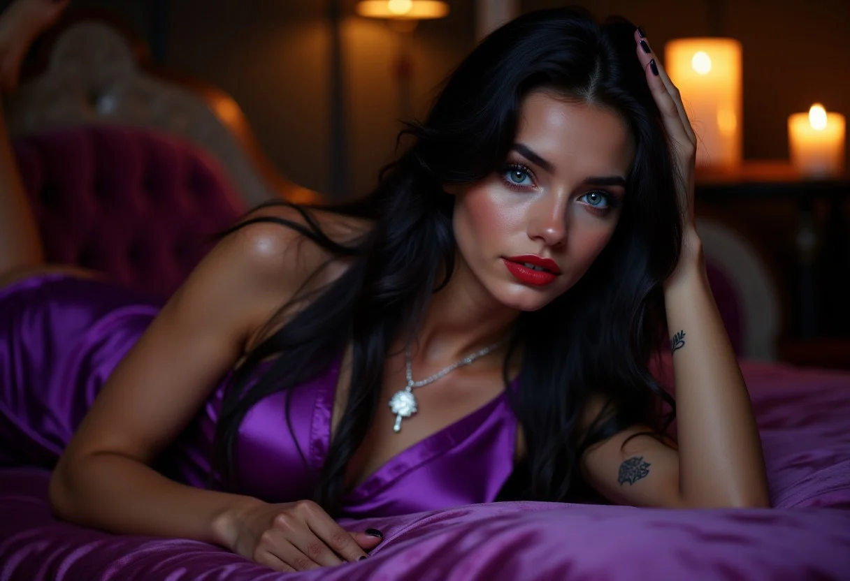 A professional SLR photograph of a beautiful young woman with captivating eyes dressed in sexy purple satin pyjamas with cleavage. she has long black hair, big blue eyes with makeup, bold eyeliner, mascara. pale skin with tattoo. black colored toe and finger nails. bold red lipstick. She is lounging on a velvet long chaise in a room with candles. Her skin is hyper realistic and glows of the room lights., and her jewelry enhances her beauty. The room has a dreamlike atmosphere. perfection style.