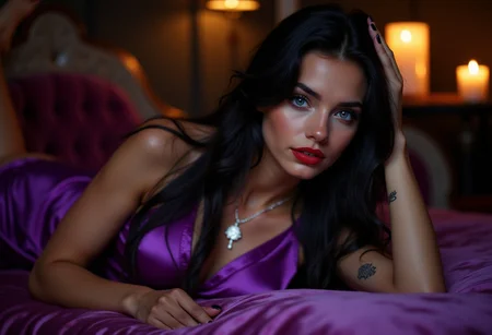 A professional SLR photograph of a beautiful young woman with captivating eyes dressed in sexy purple satin pyjamas with cleavage. she has long black hair,  big blue eyes with makeup, bold eyeliner, mascara. pale skin with tattoo. black colored toe and finger nails. bold red lipstick.  She is lounging on a velvet long  chaise in a room with candles. Her skin is hyper realistic and glows of the room lights., and her jewelry enhances her beauty. The room has a dreamlike atmosphere. perfection style.
