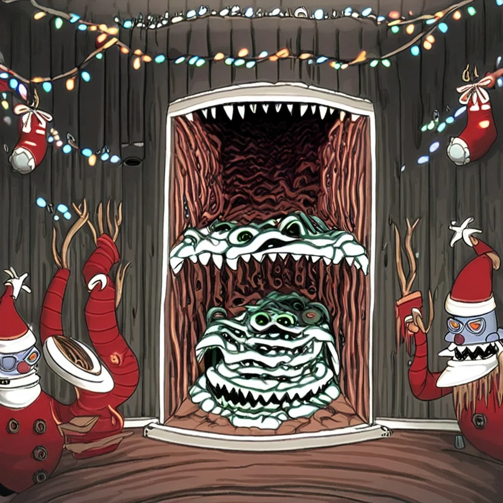 Children hiding from Santa, inside, Christmas decorations, horror, ominous