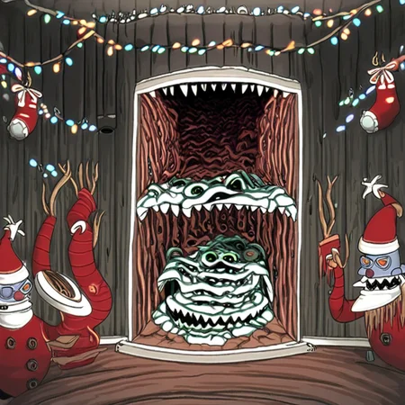 Children hiding from Santa, inside, Christmas decorations, horror, ominous