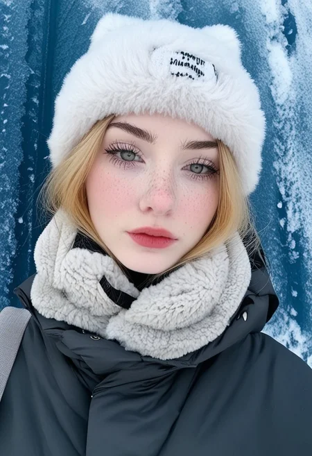 RSGRL, Russian female, Cute face, amateur, candid, , 1girl, solo, blonde hair, freckles, looking at viewer, lips, hat, realistic, white headwear, upper body, coat, portrait, eyelashes, winter clothes, closed mouth, eyelashes, mascara, lipstick, freckles, 22-year-old