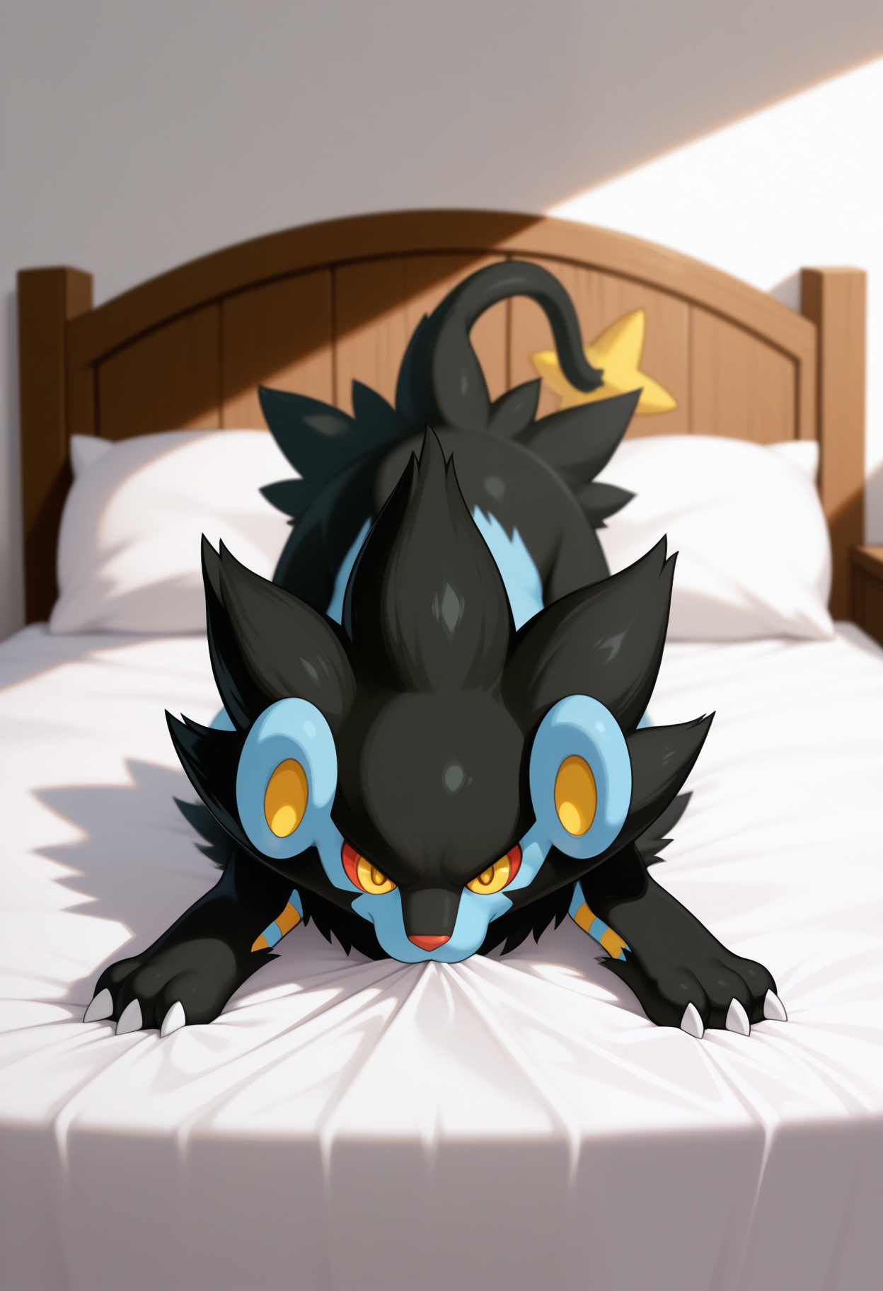 masterpiece,best quality,amazing quality, 1boy, solo, luxr4y, pokemon (creature), chibi, cat bed, claws, 