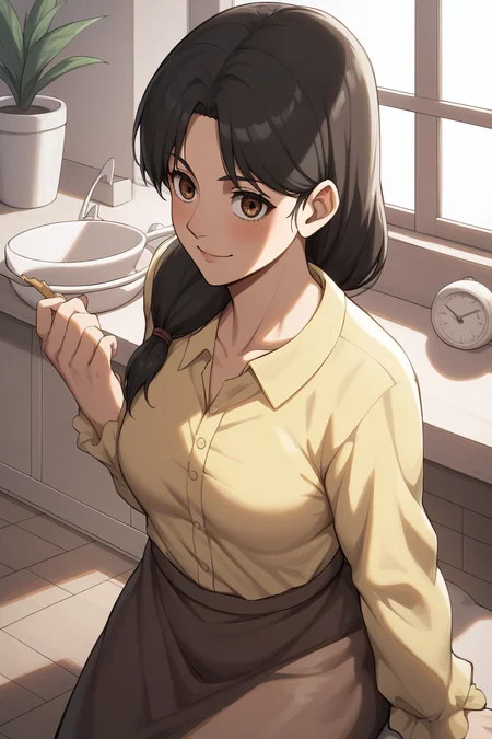 score_9, score_8_up, score_7_up, BREAK source_anime, <lora:carla yeager-PonyXL-lora-Faxtron:0.8> carla yeager, single hair, tucked-in yellow shirt, long sleeves, brown skirt,