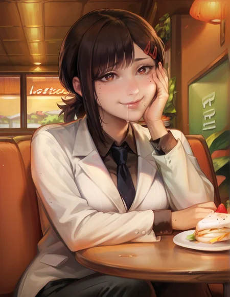 score_9, score_8_up, score_7_up, detailed background, realistic lighting, background: restaurant,
detailed eyes, mature female,fit and slim,(1 girl), closed mouth, sitting, food on table, food in hand, table, icecream, saliva drip,
<lora:Tasty-000006:0.9>,tasty food, happy, hand on face,
<lora:kobeni-higashiyama-ponyxl-lora-nochekaiser:0.8>, kobeni higashiyama, black hair, hair ornament, hairclip, mole, mole under eye, ponytail, short hair, brown eyes, black necktie, black pants, business suit, formal, long sleeves, necktie, pants, suit,
<lora:Pony - Style - Kittew:1> 4RCH0N