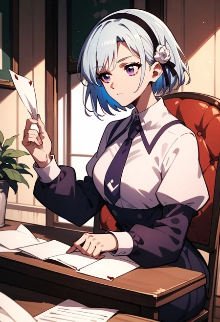 score_9, score_8_up, score_7_up, HENRIETTE MYSTERE,
HENRIETTE MYSTERE STUDENT ATTIRE, 1girl, solo, short hair, long sleeves, sitting, blue hair, purple eyes, white hair, hairband, chair, paper