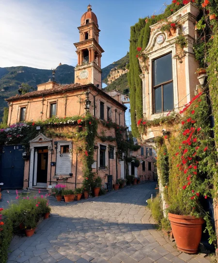 Style-Italy Style-Renaissance a street light in front of a city with a mountain in the background and a sign that says la candela