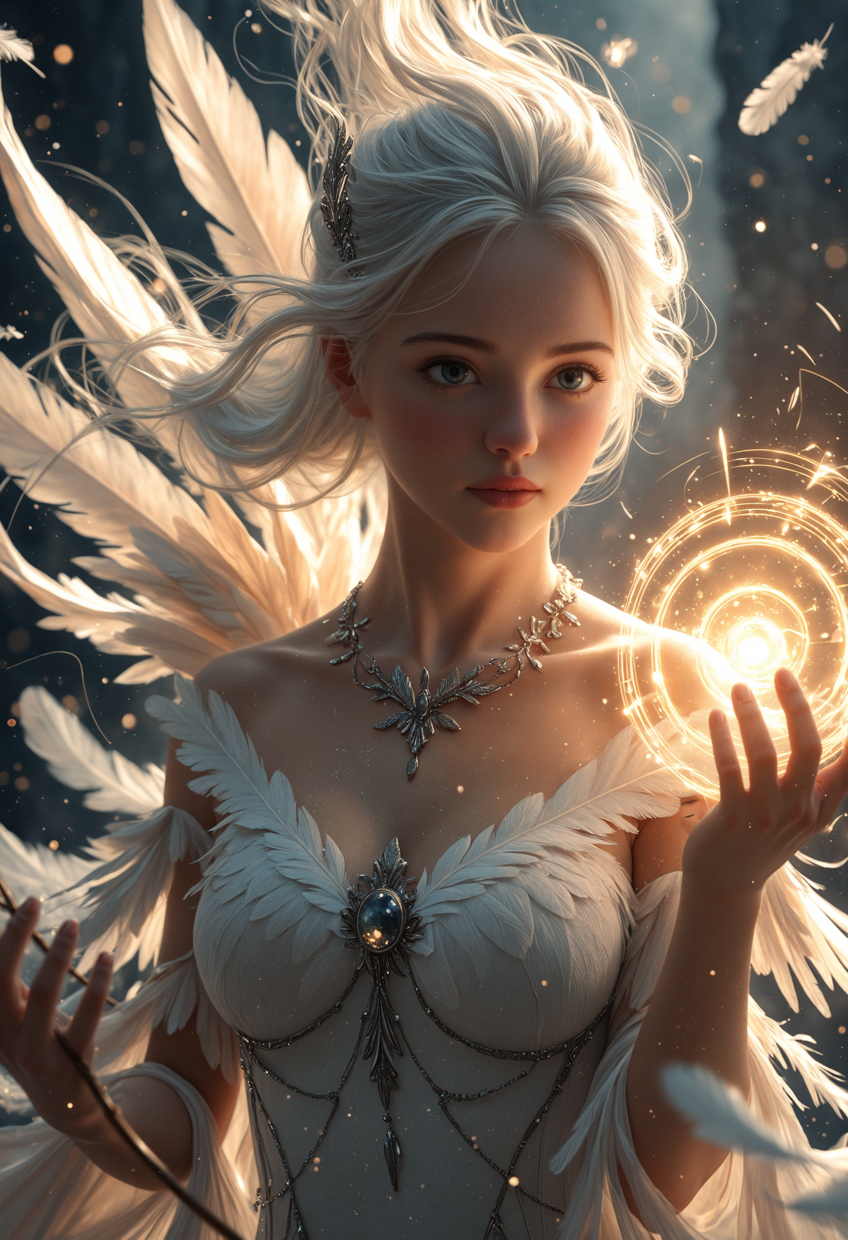 best_quality, absurdres, ultra-detailed, highly_aesthetic, 8K, UHD, highly_detailed_eyes, depth_of_field, subject_focus, dutch_angle,
1girl, woman, beauty, magical, dynamic motion, feather_fall, cinematic, neckline, music, art, looking at viewer, magic, elemental