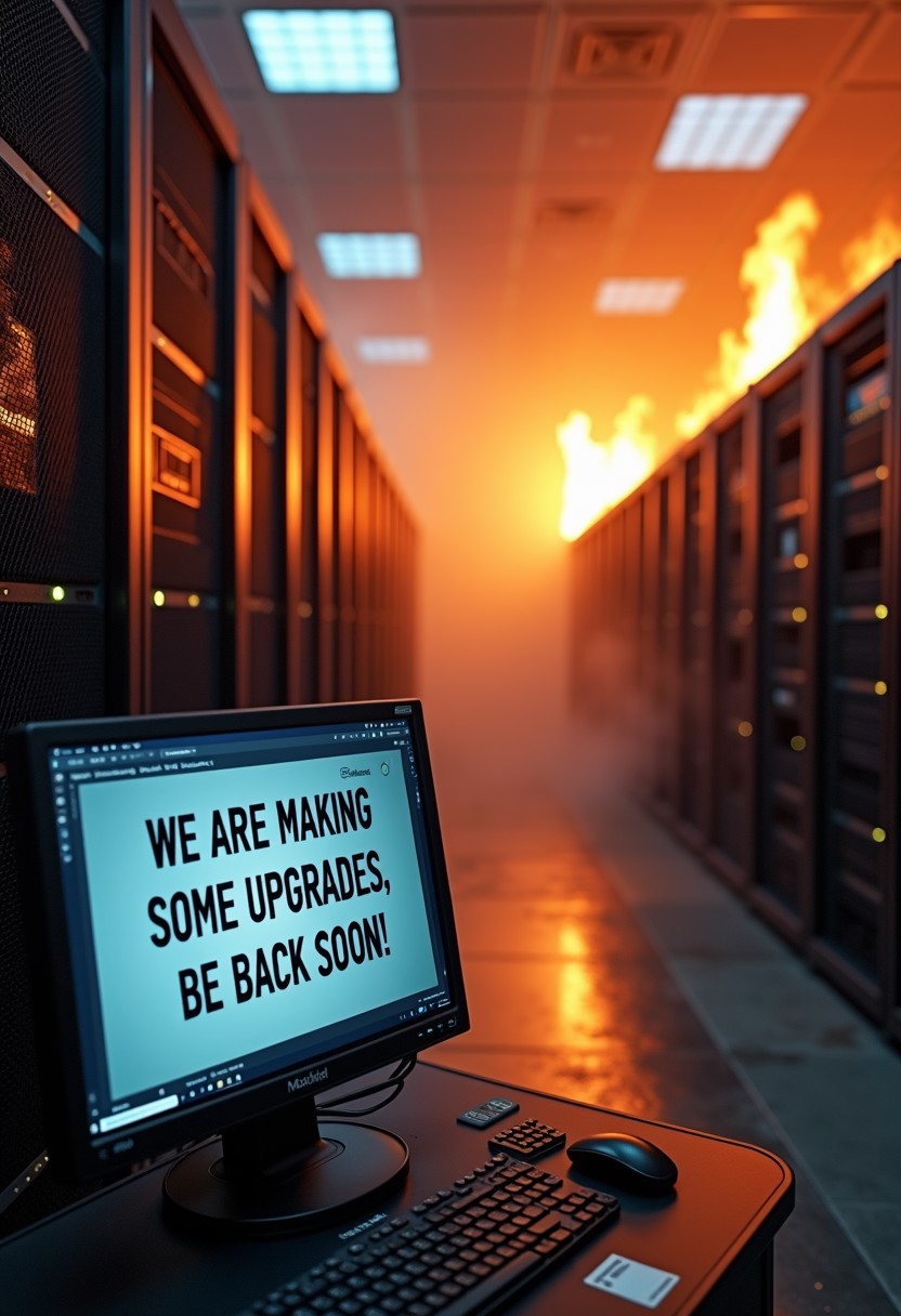 Hyper realistic image of a server room on fire, smoke rising to the ceiling. The servers with band aids. In the foreground, there is a computer screen facing the viewer that reads "Maxfield: WE ARE MAKING SOME UPGRADES. BE BACK SOON!"