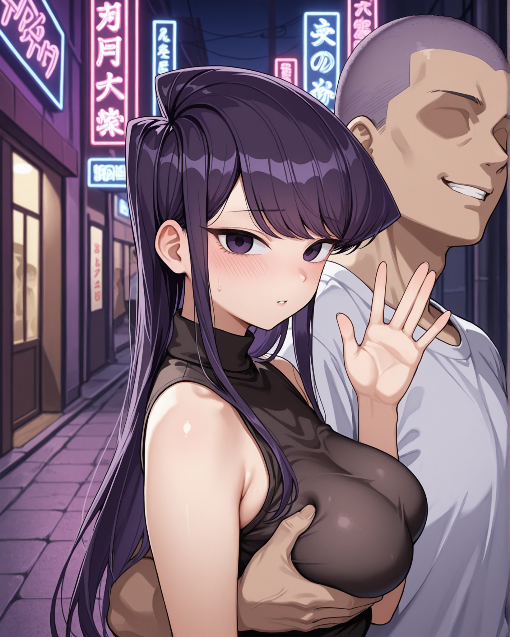 masterpiece, best quality, side_view_two_character, 1girl, 1boy, Komi shouko, purple hair, purple eyes, female blush, breast grab, upper body, faceless male, male face out of frame, netorare, cheating (relationship), skindentation, long hair, swept bangs, medium breasts, from side, standing, <lora:Side_view_two_character_hand_on_anothers_shoulderbreast_grabass_grabhand_on_anothers_waist_Illustrious:0.7>, side_view_two_character, covered breasts, male grin, female parted lips, turtleneck, sleeveless, female looking at viewer, male shaved head, female waving at viewer, female nervous smile, night, street, neon lights, delinquent male,
