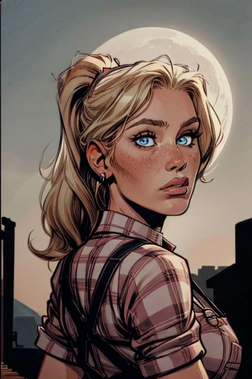 1girl, mature woman, blonde hair, ponytail,hair band, blue eyes, small perfect round breast, amazing pert butt, long hair, wrinkles, freckles, a closer view, detailed face, fFaceDetail, , graphic novel illustration, comics style, retro setting, sixties, noir style, earrings, necklace, farmer woman, at farm, overalls, red checked shirt with rolled up sleeves, gloomy face, close up, front view, looking at the view, Portrait, night time, moon, Vintage Style, vintage, tall female, jim lee