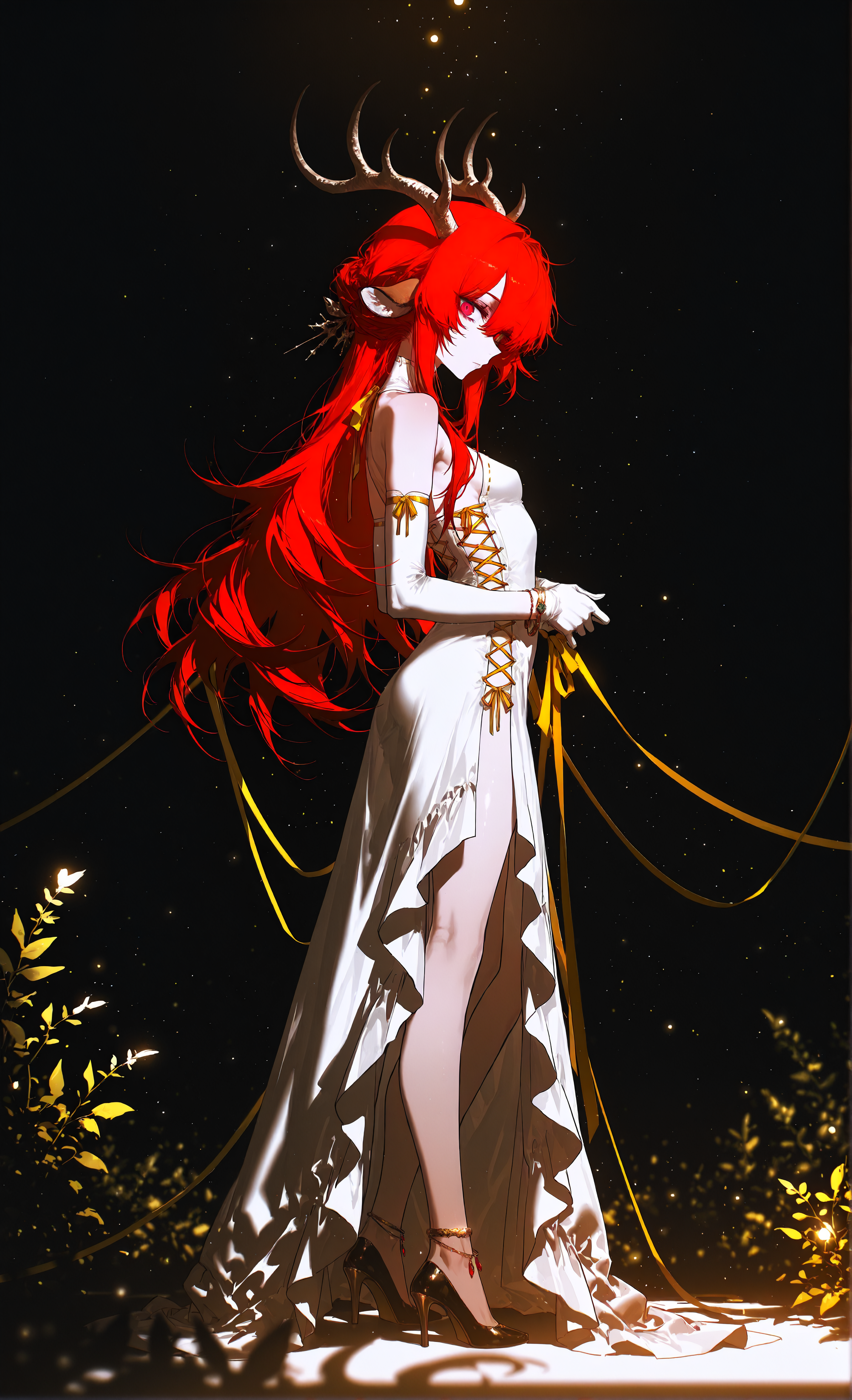 masterpiece, sharp detail, intricate detail, 1girl, solo, (rella, konya karasue, j.k.),  detailed eyes, gradient eyes, red hair, long hair, red eyes, looking at viewer, deer horns, deer ears, branched, mature female, small breasts,  elegant gloves, dress, golden ribbon trim, cross-laced clothes, high heels, bracelet, anklet, full body, from side, facing down, depth of field, soft luminous hues, translucent light, pearlescent reflection, BREAK smooth shading, glossy surfaces, luster, color depth, masterful shading, BREAK light and shadow contrast, chiaroscuro, volumetric lighting, dappled light, dramatic shadows, cinematic lighting, detailed background,   <lora:darkness_xl_v20:0.3>, <lora:V2_yakumo_alchemy:0.6> glowing, glowing particles, light particles,