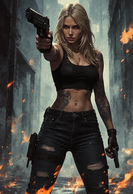 karolineleavitt and her huge naked tits with perfect nipples,karolineleavitt is topless and her breasts are tattooed in Viking style around nipples, karolineleavitt wearing ripped, oil-stained jeans. Her arms on pistols are very realistic. she is shooting her pistol gun at an enemy outside of the frame chasing after her, empty bullet casting flying in the air, tracer bullets are whizzing by her, but she stands firm and resolute as the flame from gunfire is casting lights and shadows adding a dramatic sense to the scene, epic battle, night time. Cyber punk background. Very detailed.ark night, intricate, highly detailed, watercolor anime style. Dystopian, shades of gray with highlight colors. Angled, legs apart, pointing gun at camera. Extreme perspective. Action pose with gun. Cinematic action style. <lora:RetroAnimeFluxV1:0.6> <lora:Mezzotint_Artstyle_for_Flux_-_by_Ethanar:0.6> <lora:Karoline_Leavitt_FLUX:1> <lora:CPA:0.6>anime style