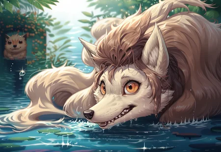 safe_pos, score_9, score_8_up, score_7_up, SLVTKdepth of field, ambient occlusion, bokeh, cel shading, black illustration lines, canine mouth, sharp teeth, detailed fur, fluffy,tuft cinematic lighting, cartoon, (feral:1.5) ((Ninetales)), source_pokemon, head portrait, ninetales, furry female, female, fangs, petite, amber eyes, beige fur, solo,1girl,face focus,water,anime style,wet hair,blue water,observing,calm expression,curious gaze,silent encounter, head_out_of_water,head sticking out of water,peeking out of water,face above water,