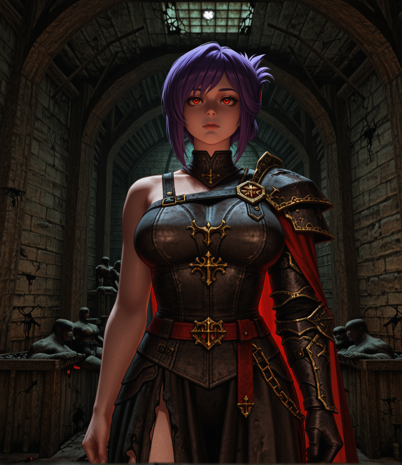kingpin, realistic, masterpiece, best quality, amazing quality, very aesthetic, absurdres, newest, hollywood lighting, bloom haze, (three-quarter view:1.2), (staring straight ahead:1.2), 1girl, sabia, human, purple hair, red eyes, folded ponytail, armor, single shoulder armor, cape, single bare shoulder, clothed, large breasts, abandoned fortress hall, ruined statues, cracked throne, light streaming through roof, epic symbolism, <lora:dmd2_sdxl_4step_lora:1>, <lora:Kingpin_-_Life_of_Crime_Style_1.2_ILXL-000010:1>, <lora:KOD_dtv5r__for_Illustrious_v0.1__Adafactor:0.45>