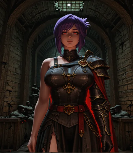 kingpin, realistic, masterpiece, best quality, amazing quality, very aesthetic, absurdres, newest, hollywood lighting, bloom haze, (three-quarter view:1.2), (staring straight ahead:1.2), 1girl, sabia, human, purple hair, red eyes, folded ponytail, armor, single shoulder armor, cape, single bare shoulder, clothed, large breasts, abandoned fortress hall, ruined statues, cracked throne, light streaming through roof, epic symbolism, <lora:dmd2_sdxl_4step_lora:1>, <lora:Kingpin_-_Life_of_Crime_Style_1.2_ILXL-000010:1>, <lora:KOD_dtv5r__for_Illustrious_v0.1__Adafactor:0.45>