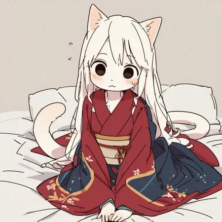 masterpiece,high quality,(high detail),(hdmasterpiece:0.9),high quality,high detail,hd,by yagi the goat,furry, cat girl,white hair ,big eyes,long hair,Short stature,Skinny body,solo,Short stature,Skinny body,score_9,score_8_up,score_7_up,(cute expression, cute face:1.1),simple background,blush,flat_chest, furisode, kimono,cat tail, on bed