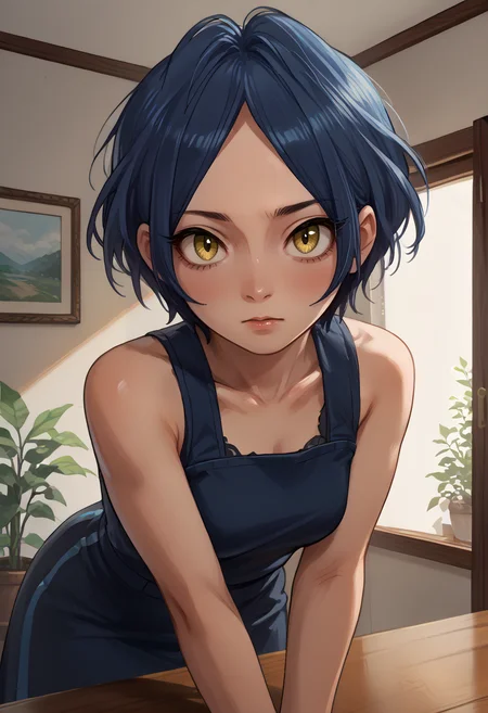 score_9, score_8_up, score_7_up, source_anime, zPDXL3,
1girl, solo, upper body, looking at you, indoors, leaning forward,
<lora:HayamiKanade_pony_v1:0.8> hymknd,, hymknd, short hair, blue hair, parted bangs, yellow eyes, medium breasts,