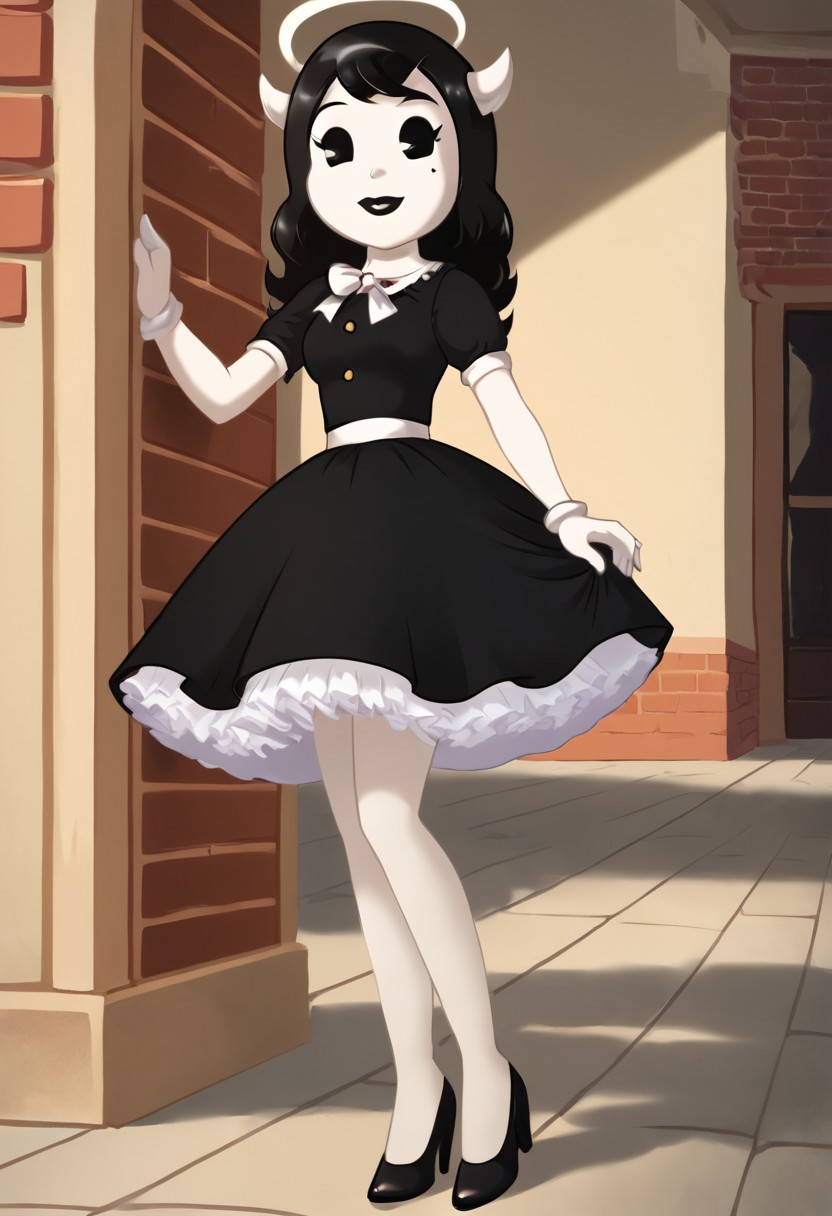 (Masterpiece, best quality:1.2), score_9, score_8_up, flat color, flat shading, soft shading, lighting, Alice Angel in a 1950's dress with a button down top, a fluffy frilly ruffled full petticoat, and high heels, dress, layered petticoat, frilly petticoat, fluffy petticoat, full petticoat, wide dress, flowing dress, solid colored skirt, short sleeves, black hair, Bendy and The Ink Machine, series accurate, cute, best high quality, high res, black lips, white colored skin, whole body shot, 1girl, solo, outside, standing straight, in a garden, cute, adorable, smile, low angle upskirt shot, cartoon, cartoon style, vector, solo, circle dress, 1950s, alice angel