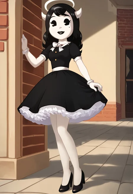 (Masterpiece, best quality:1.2), score_9, score_8_up, flat color, flat shading, soft shading, lighting, Alice Angel in a 1950's dress with a button down top, a fluffy frilly ruffled full petticoat, and high heels, dress, layered petticoat, frilly petticoat, fluffy petticoat, full petticoat, wide dress, flowing dress, solid colored skirt, short sleeves, black hair, Bendy and The Ink Machine, series accurate, cute, best high quality, high res, black lips, white colored skin, whole body shot, 1girl, solo, outside, standing straight, in a garden, cute, adorable, smile, low angle upskirt shot, cartoon, cartoon style, vector, solo, circle dress, 1950s, alice angel