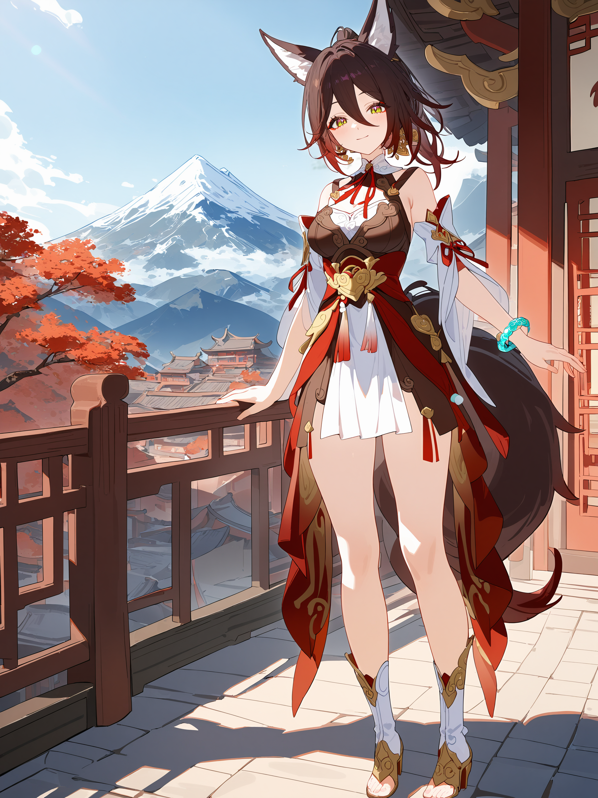 1girl, tingyun \(honkai: star rail\), solo, sleeveless dress, tail, waist sash, neck ribbon, chinese hairpin, ponytail, bracelet, toeless boots, detached sleeves, full body, standing, looking at viewer, light smile, mountain, east asian architecture, outdoors, depth of field illustration, incredibly absurdres, ultra detailed, masterpiece, best quality, perfect features, intricate details, ray tracing, very aesthetic, [<lora:XL-detailed_notrigger:0.95>::0.5],  <lora:Char-HonkaiSR-Tingyun-V1-SDXL:1:hr=0.6>,