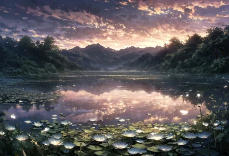detailed background,( Calm spring night landscape), amongst lush greenery, beautiful view, Water lilies in full bloom, Water lilies, Unexplored, early morning, sunrise sky, beautiful clouds, dappled sunlight, beautiful, Tranquil Lake, Walkway, petals dancing in the wind, depth of field, masterpiece, best quality, ultra-detailed, very aesthetic, illustration, perfect composition, intricate details, absurdres, moody lighting, wisps of light, no humans,