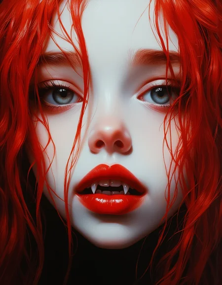 masterpiece, high quality, Oil Painting, Hyper-realistic, close-up of a young teen girl's face with a dramatic, gothic aesthetic. The subject's face is a pale, almost translucent white, with full, pouty lips painted a vivid red. The lips are slightly parted, revealing sharp, gleaming white fangs. Her long red hair cascades around her face. Enchanted blue eyes.
brush strokes, warm light, magic, extremely coherent, cute, beautiful, cinematic, stunning, creative, positive, cheerful, unique, cool, inspiring, pure, rational, very inspirational, friendly, thought, glowing, magical, perfect, intricate, wonderful, lovely, del1cate_balance style, in the style of Rembrandt. vantablack <lora:style_of_Rembrandt_FLUX_135:.8> <lora:- Flux1 - vanta_black_V2.0:.8>  <lora:Delicate_Balance:.3> <lora:neeeg_f1:-1> <lora:FluxF4ngs:.8>