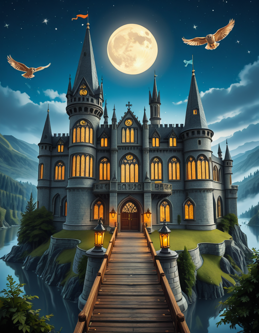 A majestic, ancient castle perched on a rocky hill, serving as a prestigious school for young wizards. The castle is a grand structure with towering spires, intricate gothic architecture, and large stained-glass windows that glow with magical energy. The stone walls are covered in ivy, and enchanted lanterns float around the entrance, casting a soft, mystical glow. A massive wooden bridge leads to the main gate, suspended over a misty, enchanted lake that reflects the moonlight. In the background, rolling green hills and dense, fog-covered forests surround the school, adding an air of mystery. The sky is a deep twilight blue, with stars twinkling and a full moon shining brightly. Some windows in the castle emit warm, golden light, hinting at classrooms filled with spellbooks and students practicing magic. A few owls are seen soaring above, delivering messages. The atmosphere is magical, mysterious, and full of wonder, as if the castle itself is alive with enchantments.
<lora:SDXLFaeTastic2400:0.4> <lora:extremely_detailed:0.4> extremely detailed,ancient c4stl3, <lora:ancient_c4stl3-i:1>, Masterpiece,best quality,hi res,8k,hi res,8k,award winning,(sharp focus, intricate, highly detailed),