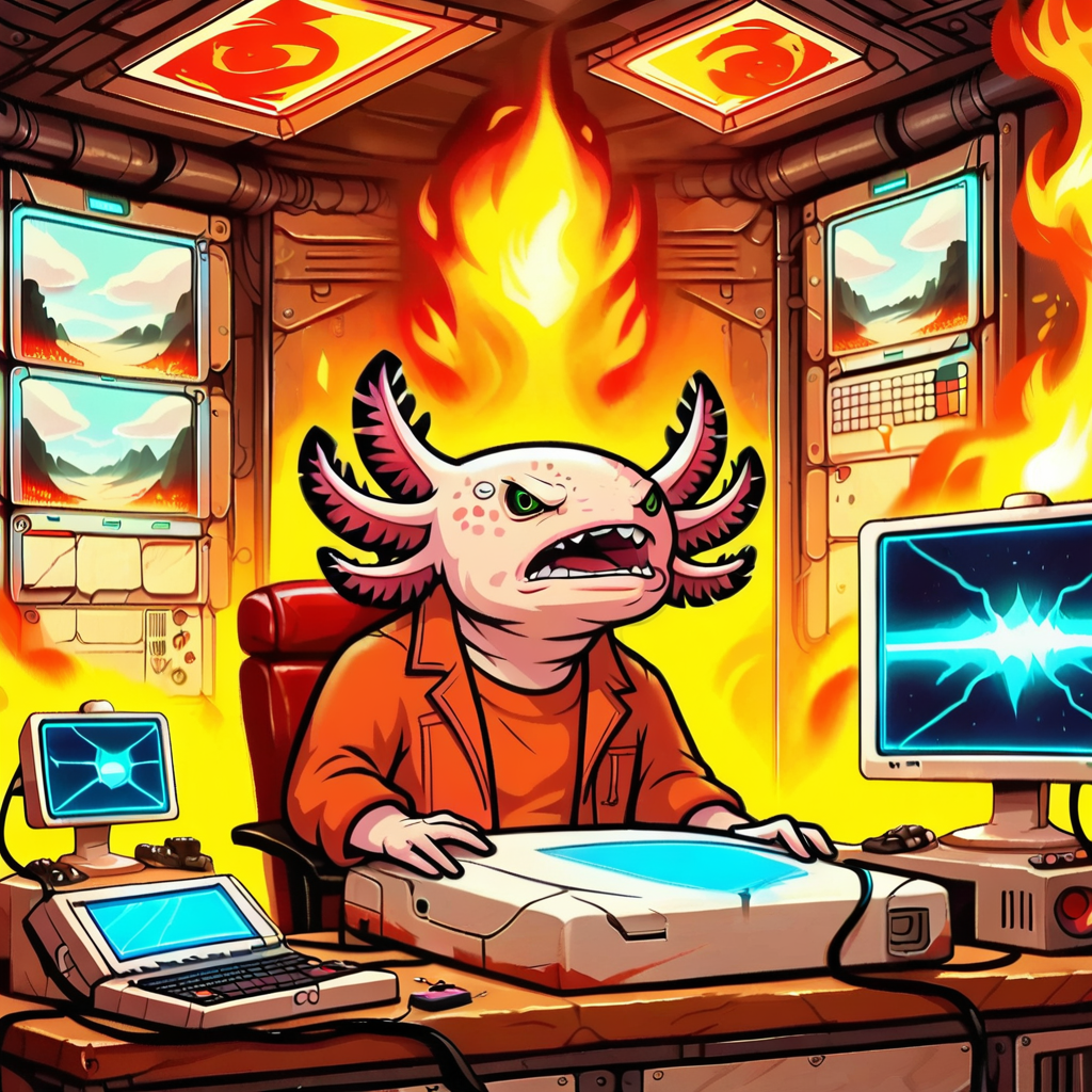 score_9, score_8_up, score_7_up, source_cartoon, Archerstyle, ((axolotl)), ((panic)) computer server room background, chaos, fire, smoke, broken computers, mouth open, angry, solo, thick outlines embedding:zPDXL2, <lora:Axomodel_PDXL.safetensors:1:1> <lora:Archer_style_PDXL.safetensors:1:1>