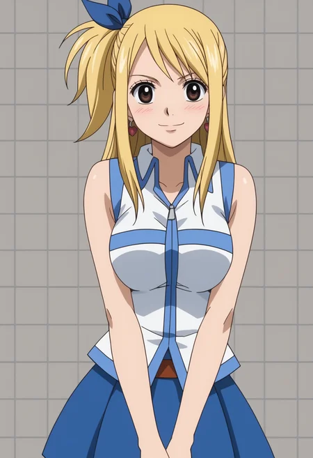 score_9, score_8_up, score_7_up, anime screencap, BREAK, 1girl, solo, <lora:DX888Lucy:1> lucy heartfilia, brown eyes, one side up, blue ribbon, sleveless shirt, blue skirt, earrings, BREAK smile, blush, Arms wrapped around the body looking cozy dark gray background, simple background, grid background,