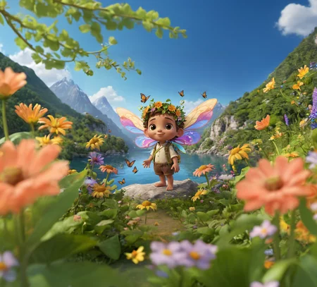 A little guy with a plant sprouting and colorful flowers from his hair and with vines instead of arms, plants growing all over and around his body, the guy has fairytale wings coming on his back, a few small bees flying around pollinating the flowers, small butterflies flying around, standing, standing next to water, a mountain in the background
