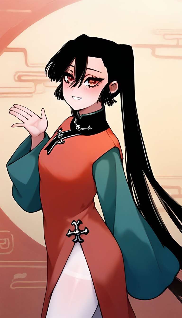 <lora:hudasheng:1>,hudasheng,1girl,long hair,red eyes,solo,long hair,black hair,hair between eyes,ponytail,pigtails,white_pantyhose,china_dress,red china_dress,long sleeves,green long sleeves,
standing,looking at viewer,smile,blush,light_blush,full_shot,from_side,, masterpiece,best quality,amazing quality,