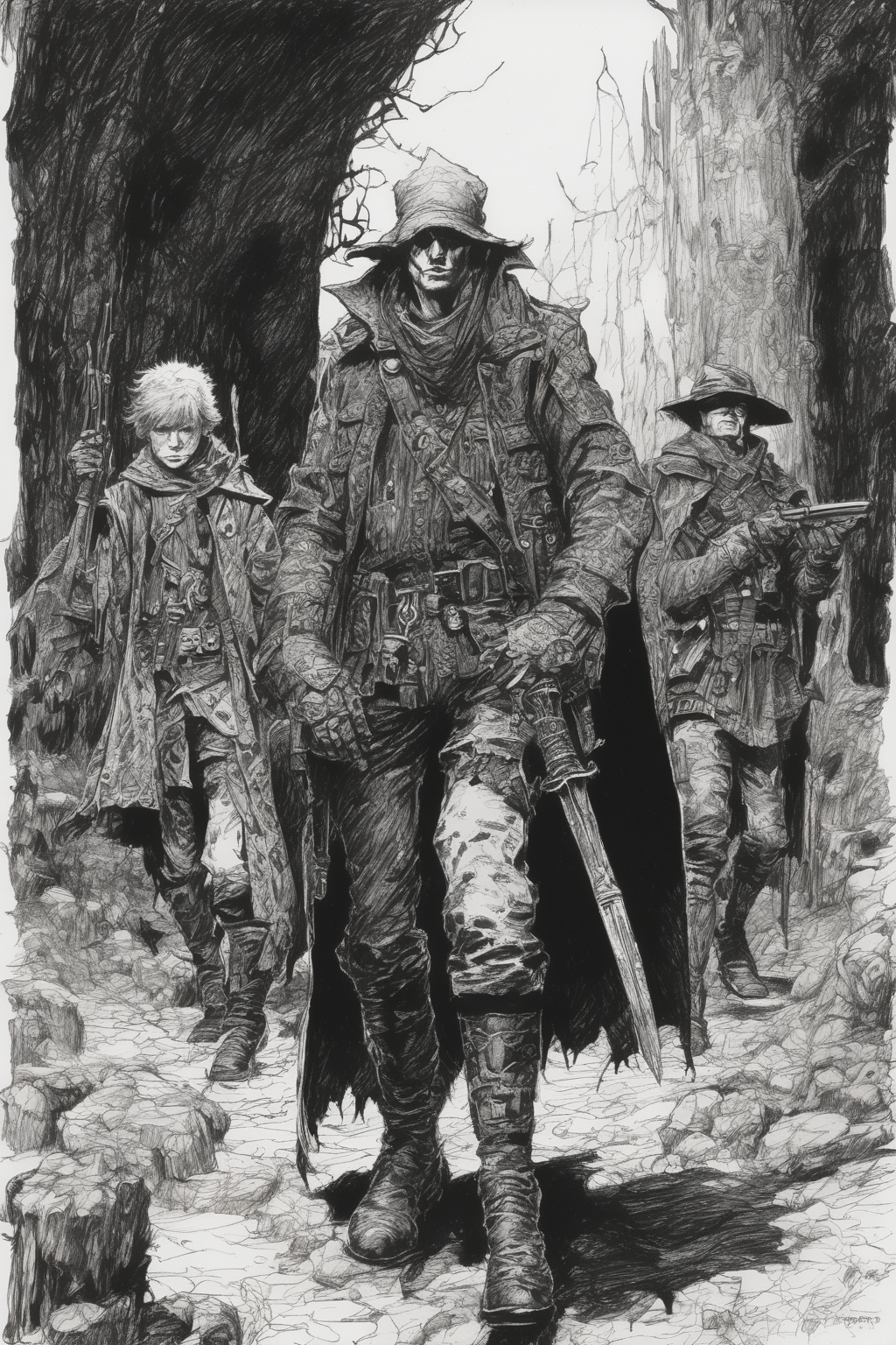 John Blanche Style - messy pen and ink of one child warlock leading their adult soldier thugs in a Grimdark fantasy setting inq28 in the style of John Blanche