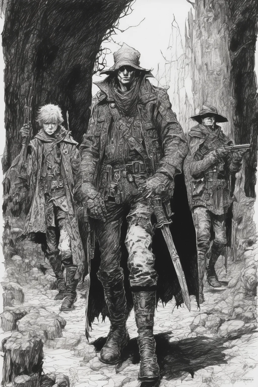 John Blanche Style - messy pen and ink of one child warlock leading their adult soldier thugs in a Grimdark fantasy setting inq28 in the style of John Blanche