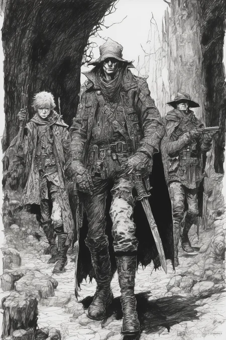 John Blanche Style - messy pen and ink of one child warlock leading their adult soldier thugs in a Grimdark fantasy setting inq28 in the style of John Blanche